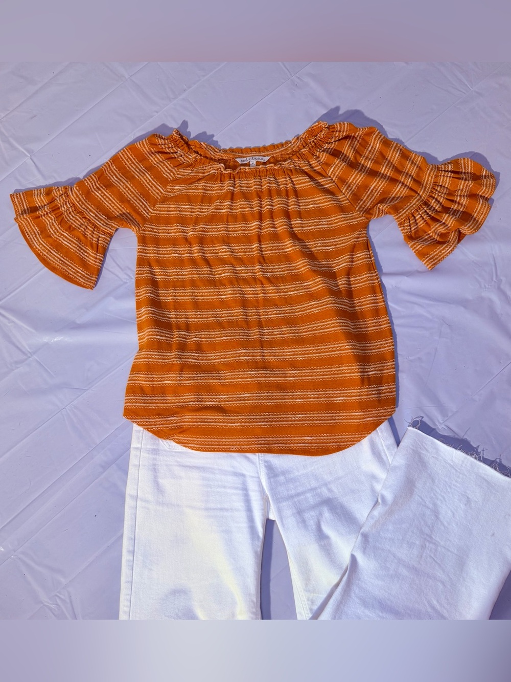 Women's Orange Striped Off-Shoulder Peasant Top